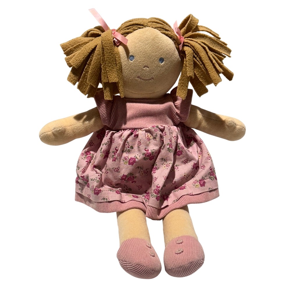 Girls Plush Rag Doll Bonikka Home Goods Pigtail Brown Pink Cottage floral Ribbed